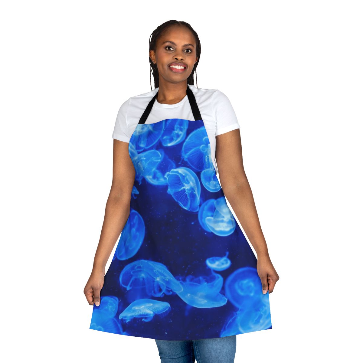 Image of a blue jellyfish design on an apron, perfect for cooking or crafting.