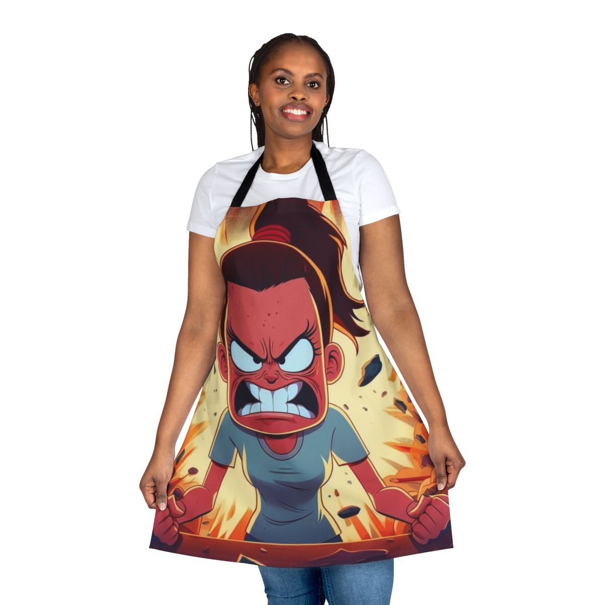 Vibrant cartoon apron with angry, destructive design inspired by the Netflix series Big Mouth