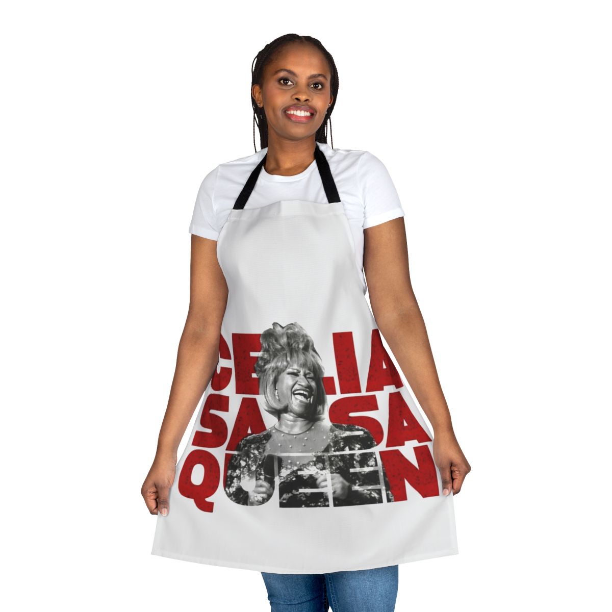 "Colorful apron featuring the Cuban flag design and inspired by the legendary Celia Cruz and Cuban music"