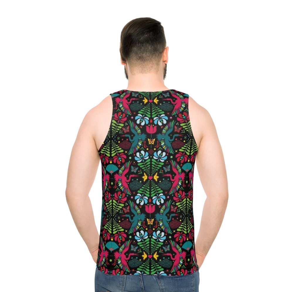Unisex tank top with colorful crane and floral pattern