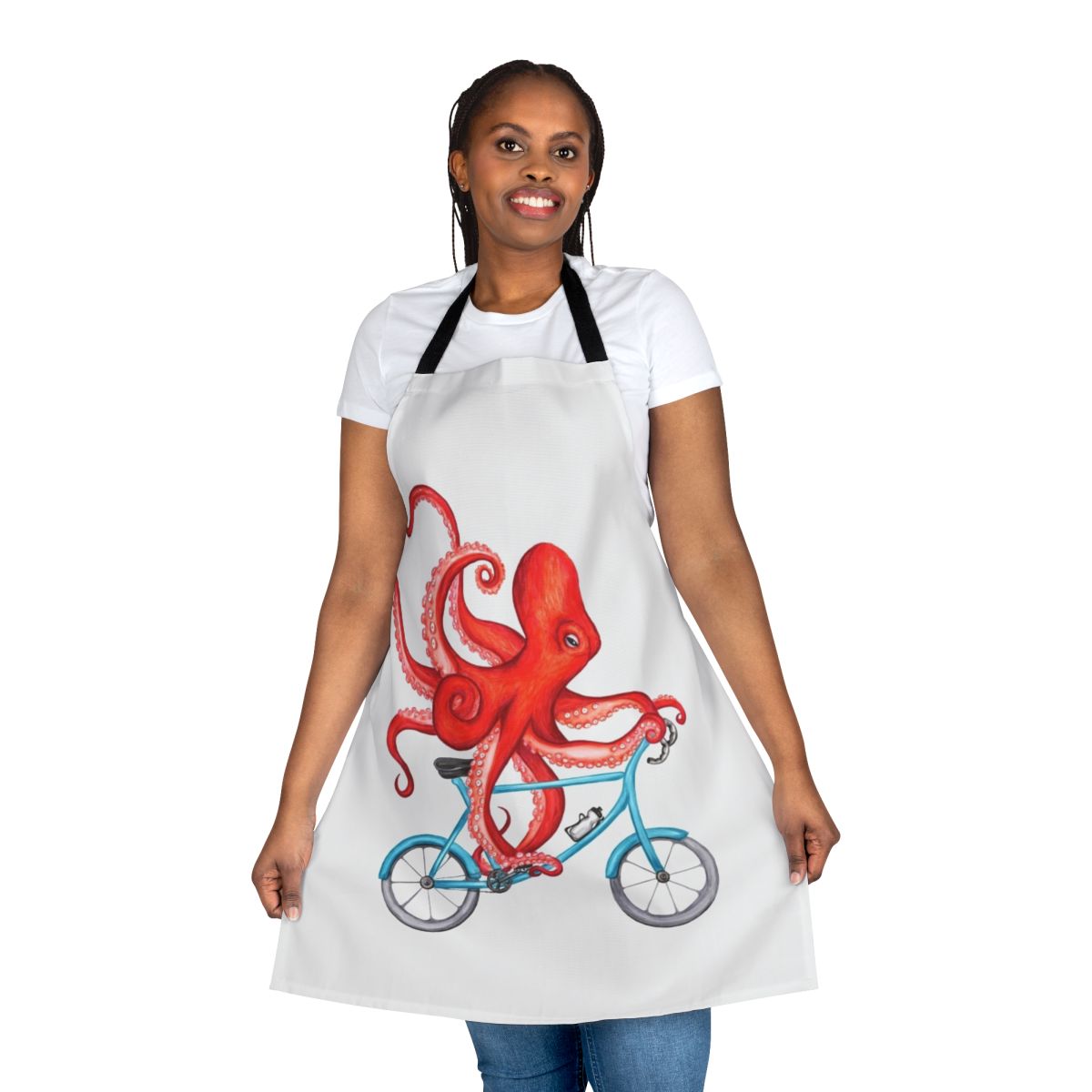 Illustration of a whimsical octopus riding a bicycle, printed on a high-quality apron