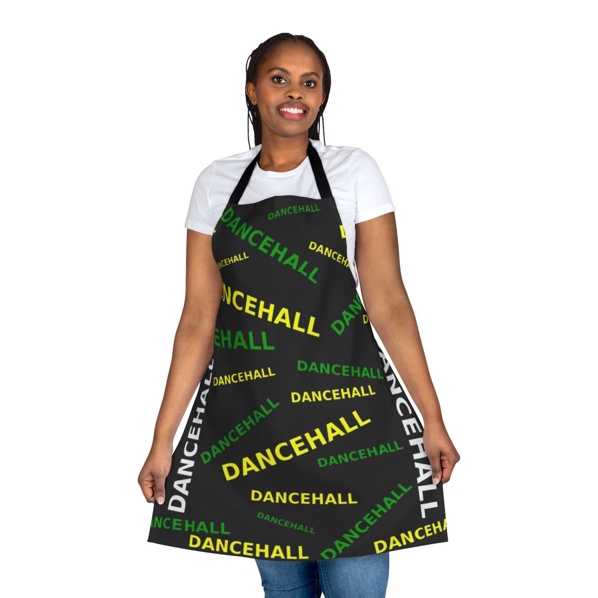 A black, green, and yellow apron with a dancehall-inspired design, perfect for music enthusiasts.