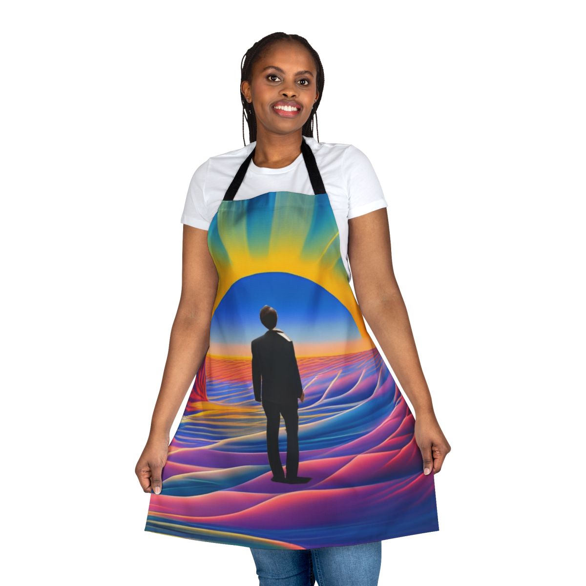 Colorful desert sunrise-inspired apron with abstract, modern patterns
