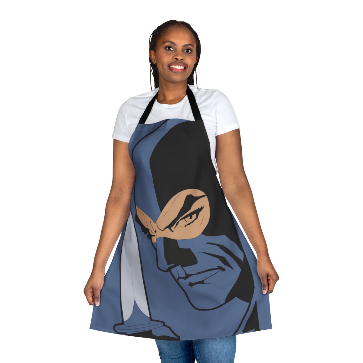 A stylish and high-quality apron featuring the iconic Italian thief character Diabolik and his partner Eva Kant in a bold, pop art-inspired design.