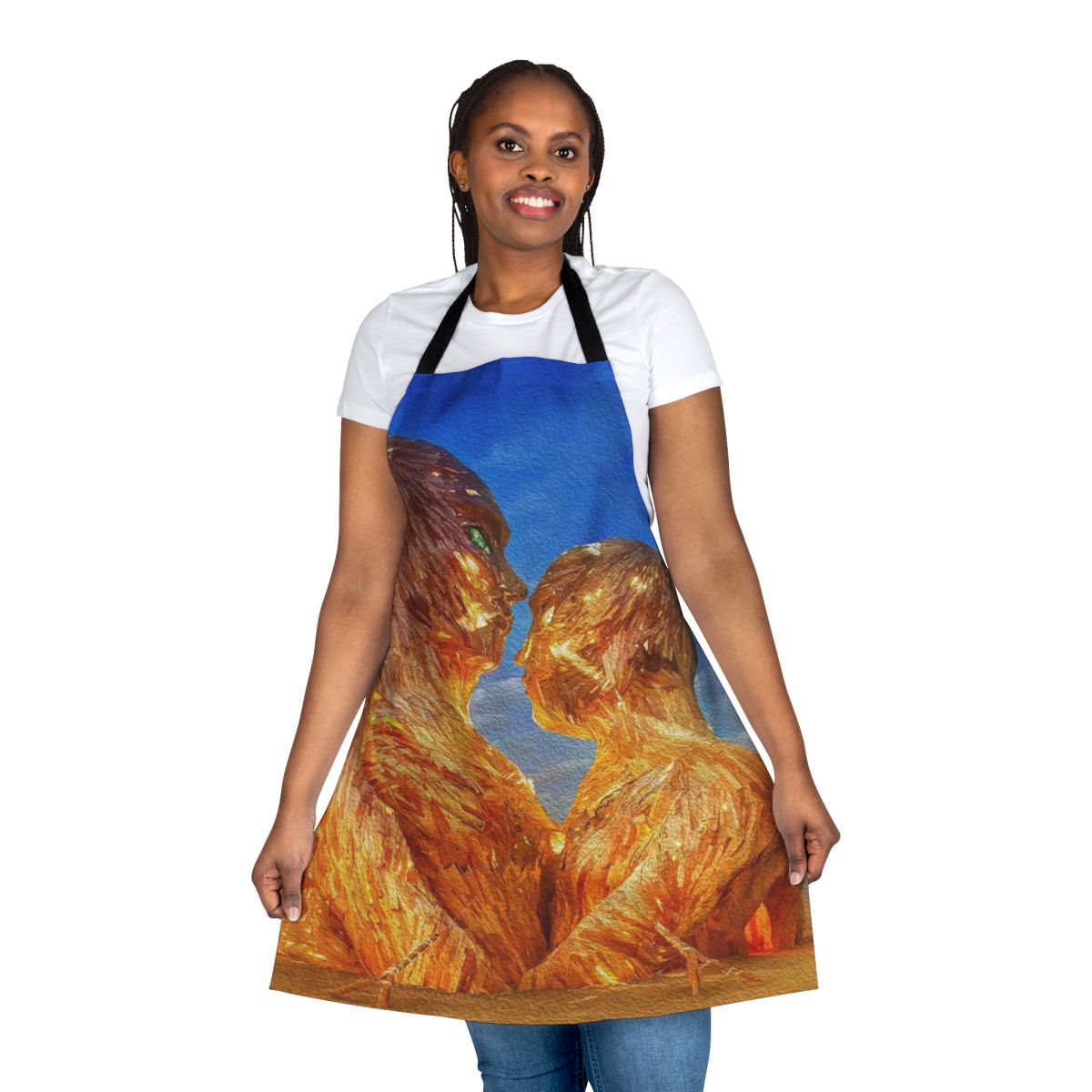 Vibrant digital art painting on a black apron, featuring abstract shapes and colors inspired by electronic music festivals.
