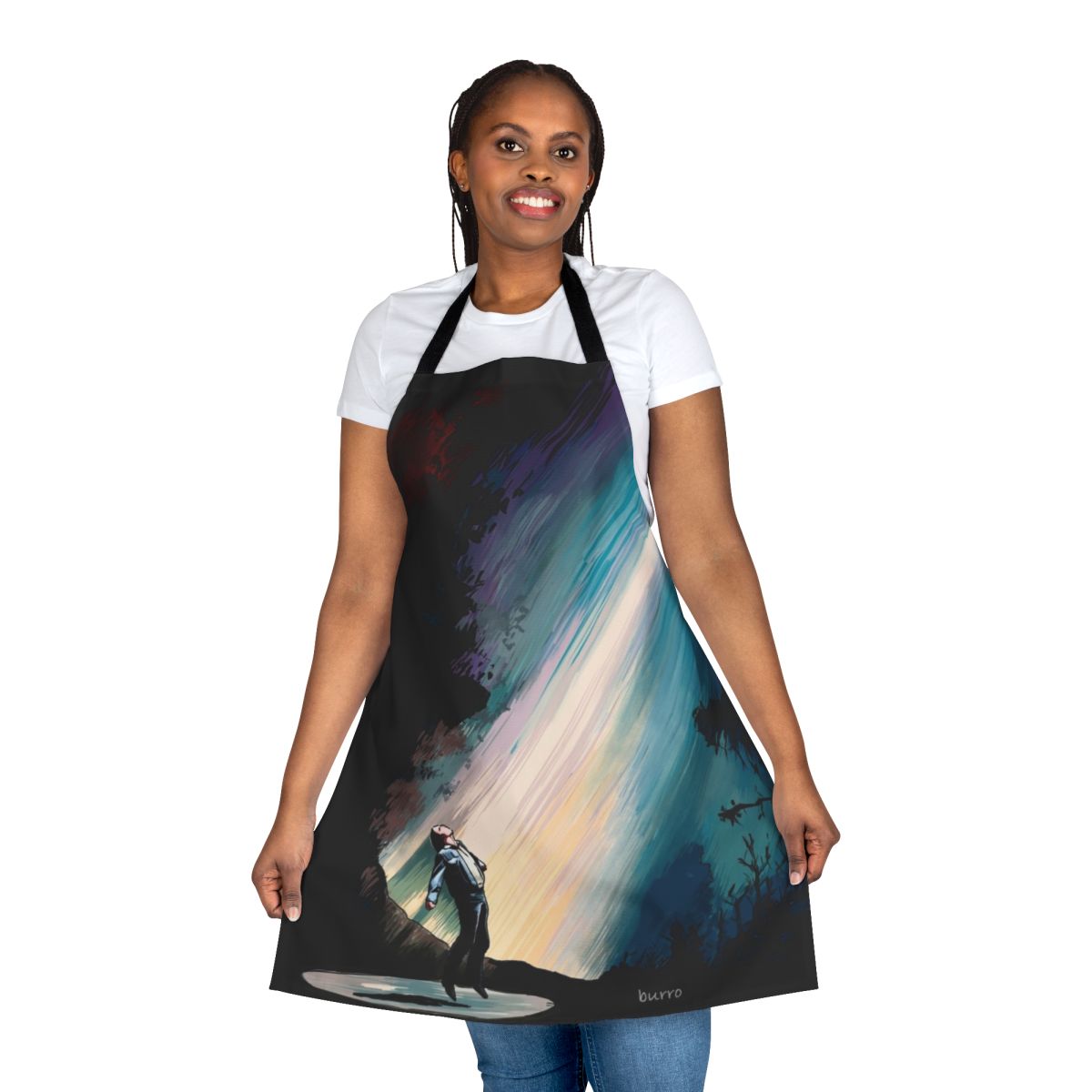 Colorful hand-drawn illustration of a fiery sky with a UFO, perfect for a sci-fi inspired apron