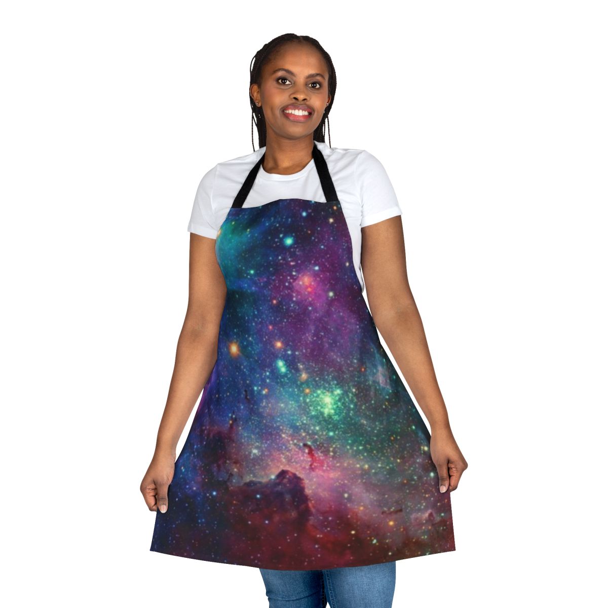 Colorful galaxy-themed apron featuring planets, stars, and cosmic elements