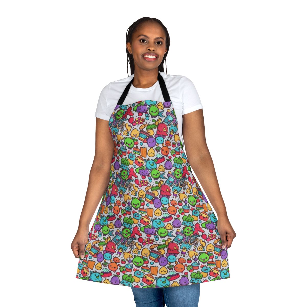 Colorful and playful hobbies apron with cartoon characters and abstract patterns