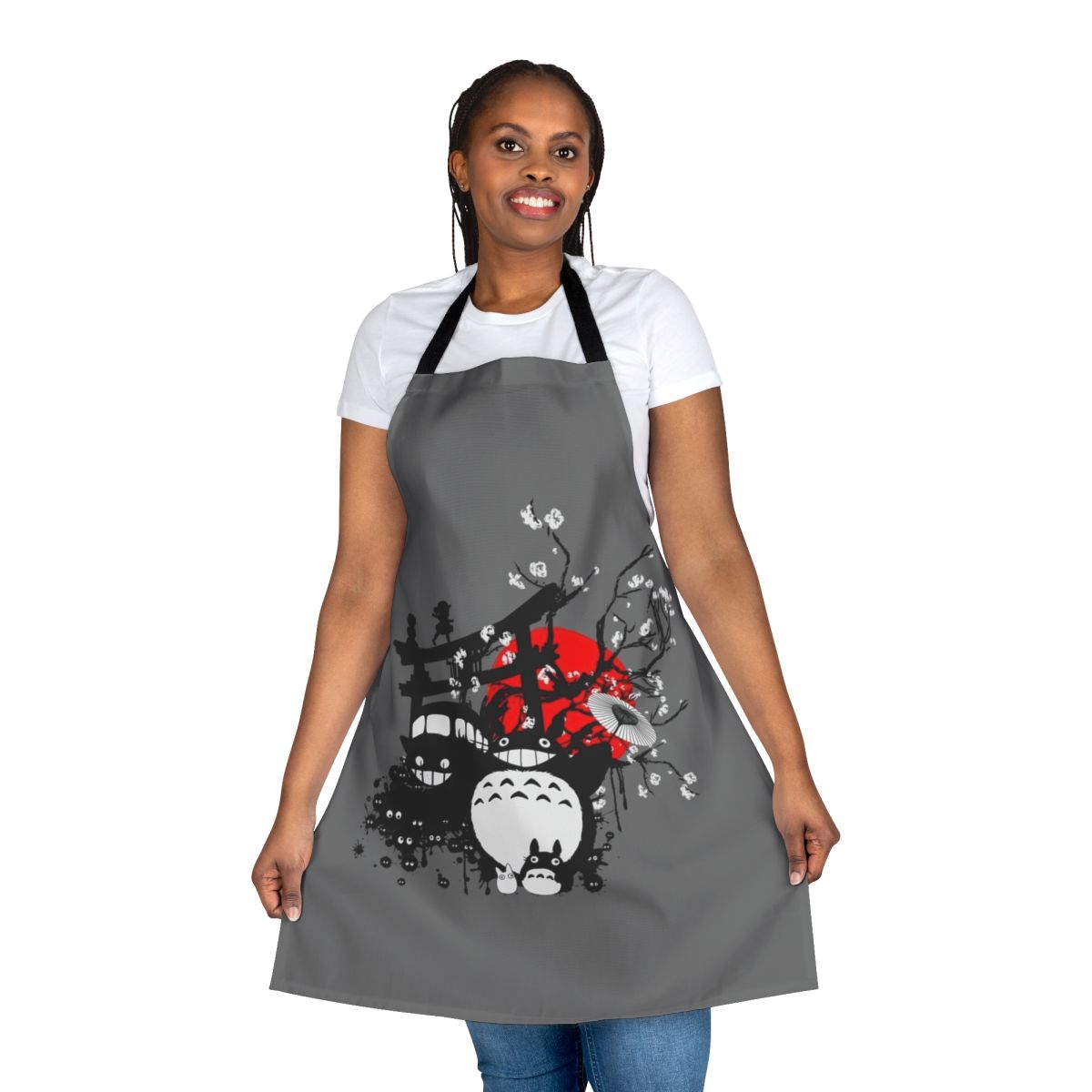 A stylish and colorful apron featuring a striking Japanese-inspired design, perfect for anime enthusiasts.