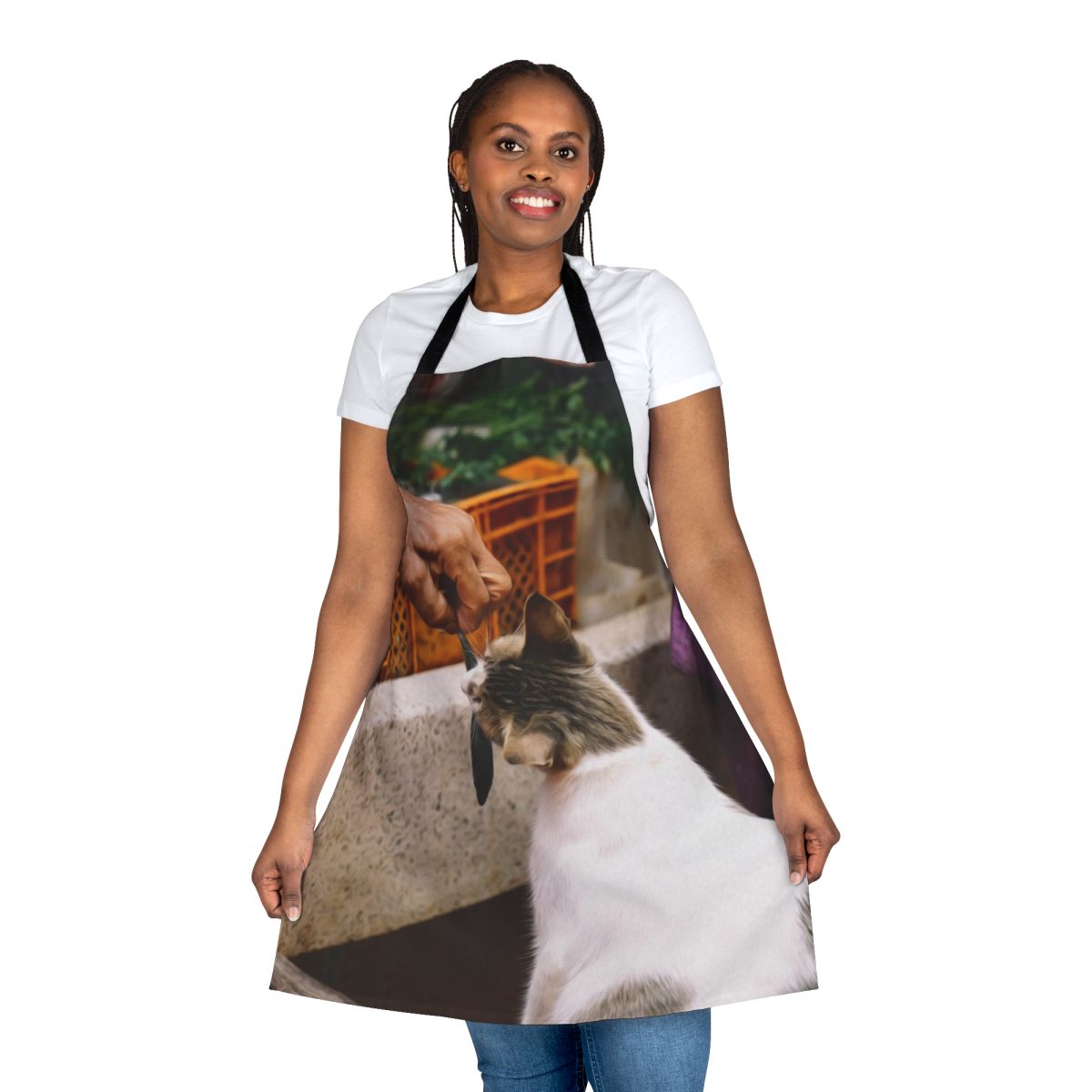 Colorful apron featuring playful illustrations of people, animals, and food