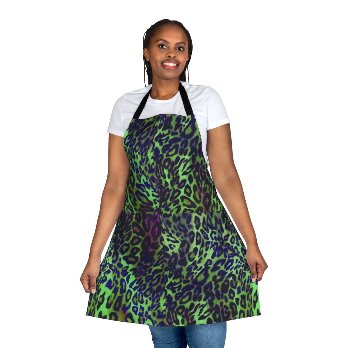 Colorful leopard-patterned apron with green and blue tones