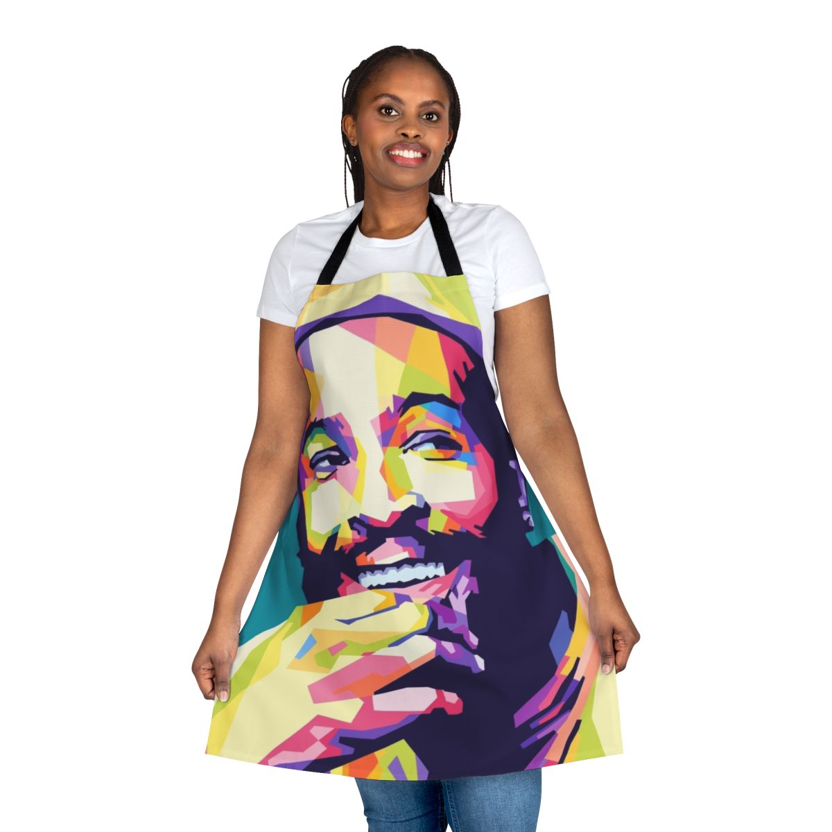 Colorful pop art apron featuring a vibrant design inspired by the music of Marvin Gaye