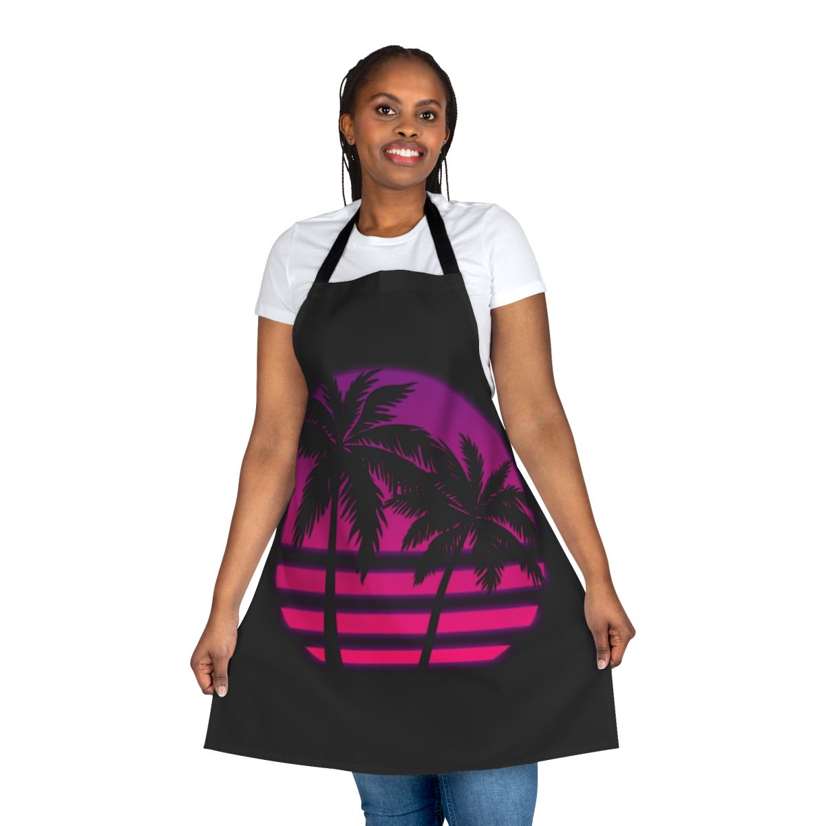 Colorful Miami wave pattern apron with palm trees and sunset colors