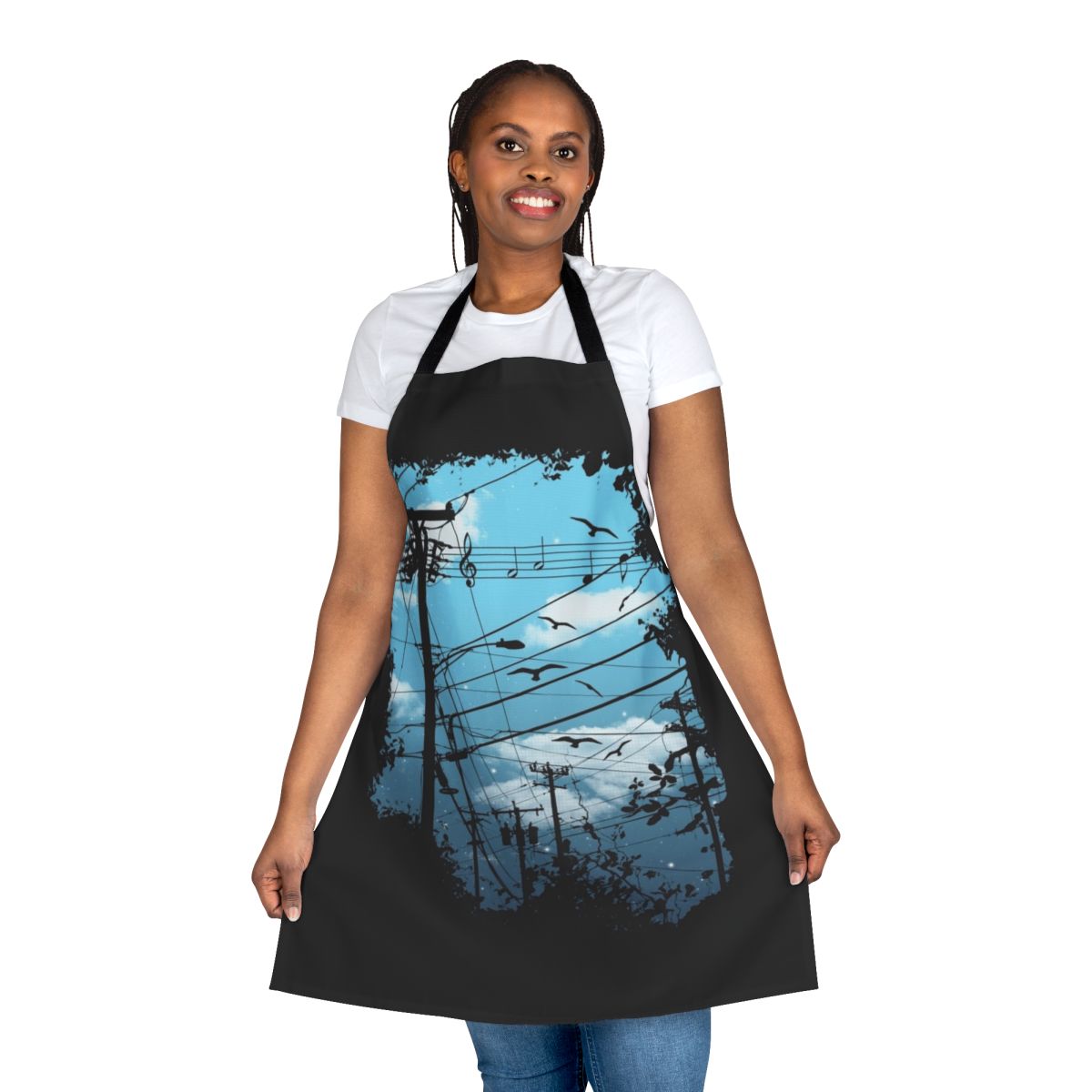 Apron with a cityscape, music, and bird silhouette design