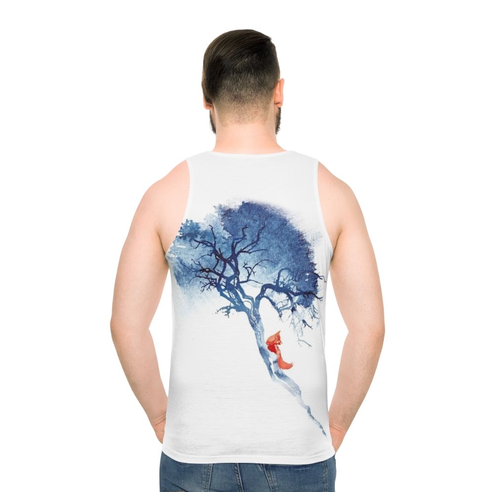 Unisex tank top with a vibrant watercolor design of a fox and tree in nature
