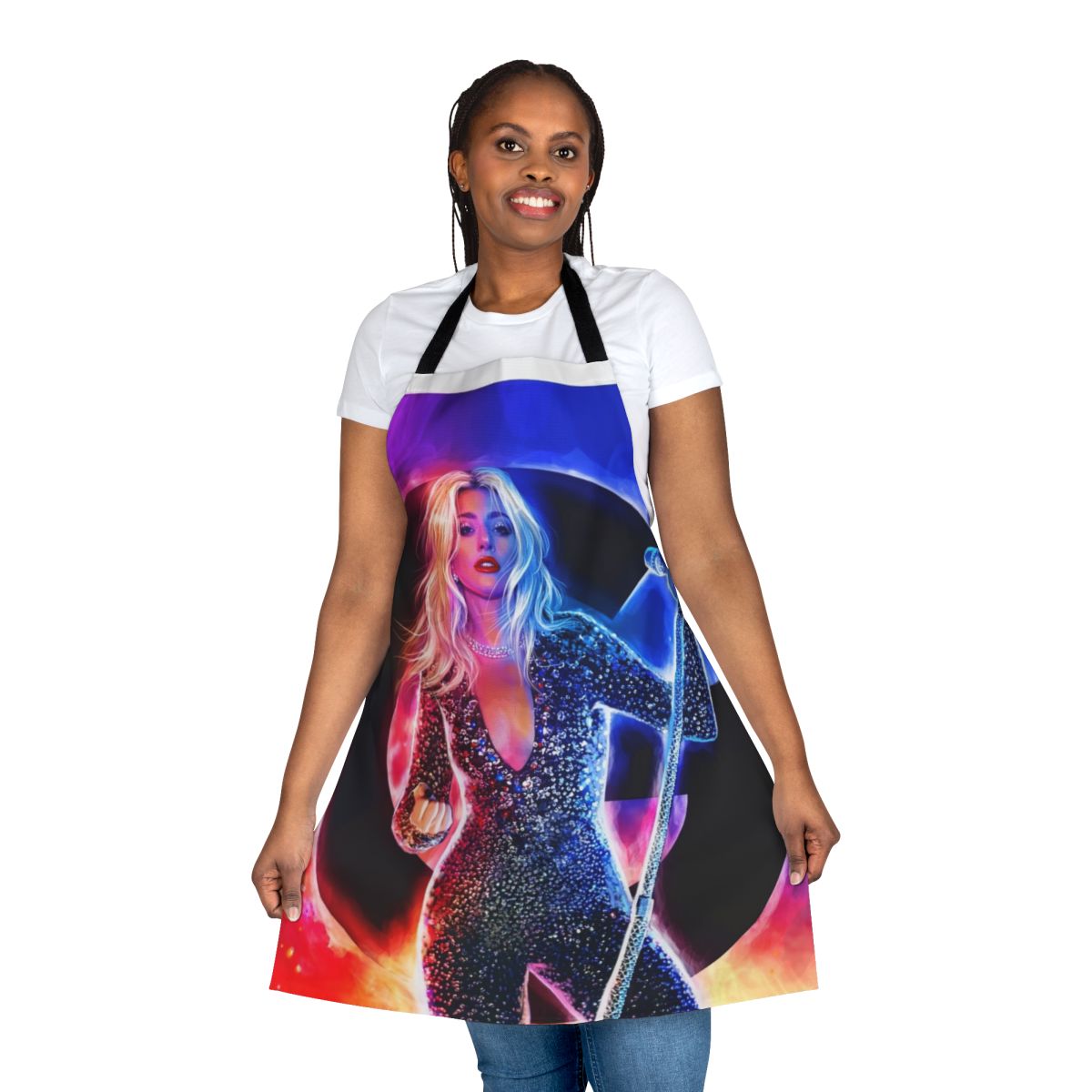 Model wearing a colorful neon music-themed apron