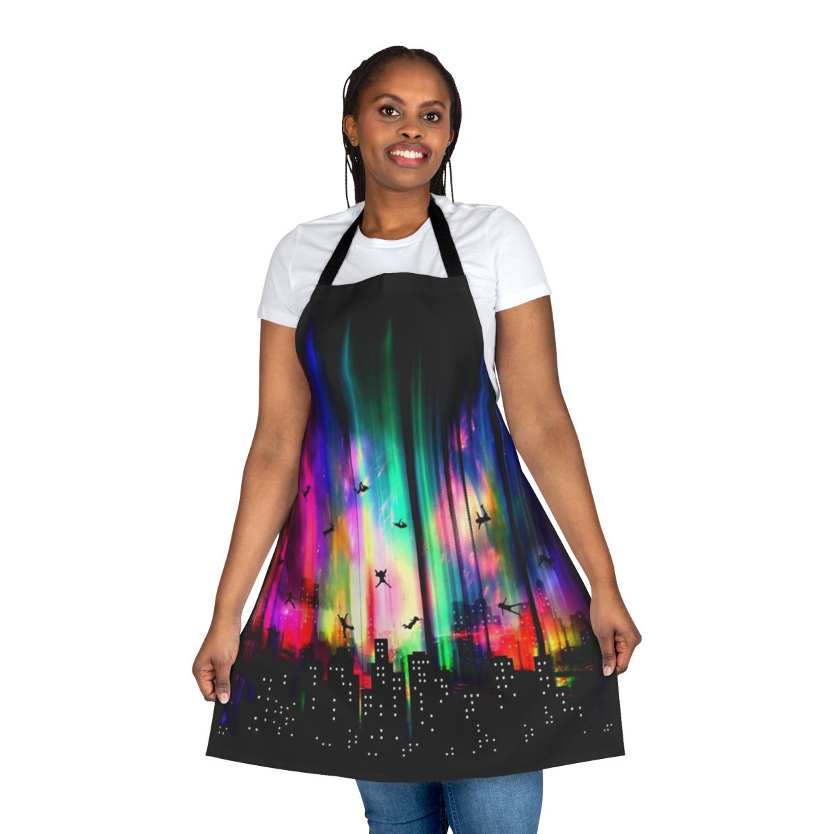 Neon-colored abstract apron with urban cityscape and alien-inspired design
