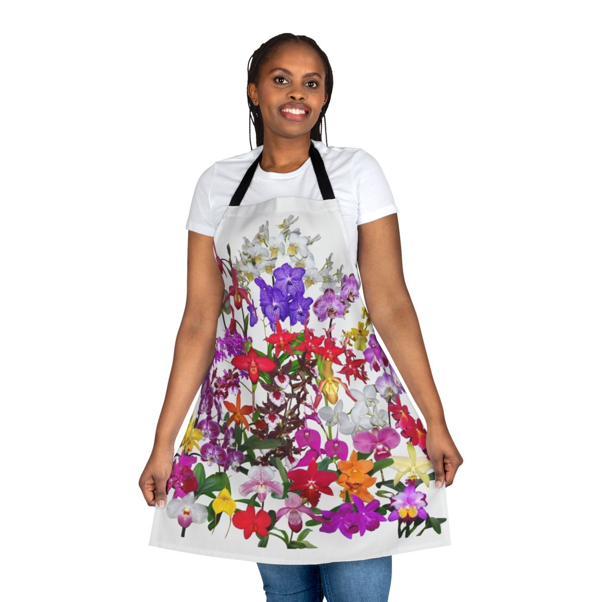 A digital photography image of a colorful orchid flower design on a high-quality apron.