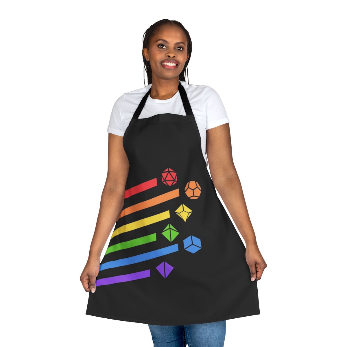 Colorful rainbow dice set printed on an apron for tabletop RPG gaming, perfect for dungeon masters and players.