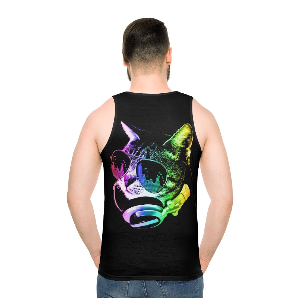 Vibrant rainbow music cat with headphones on a unisex tank top
