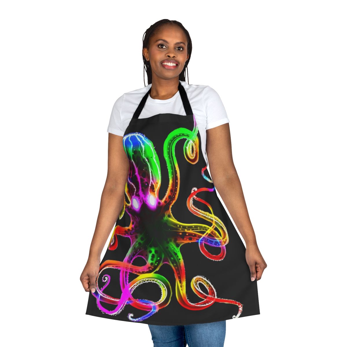 Colorful tie-dye octopus design on a kitchen apron with glow-in-the-dark tentacles.