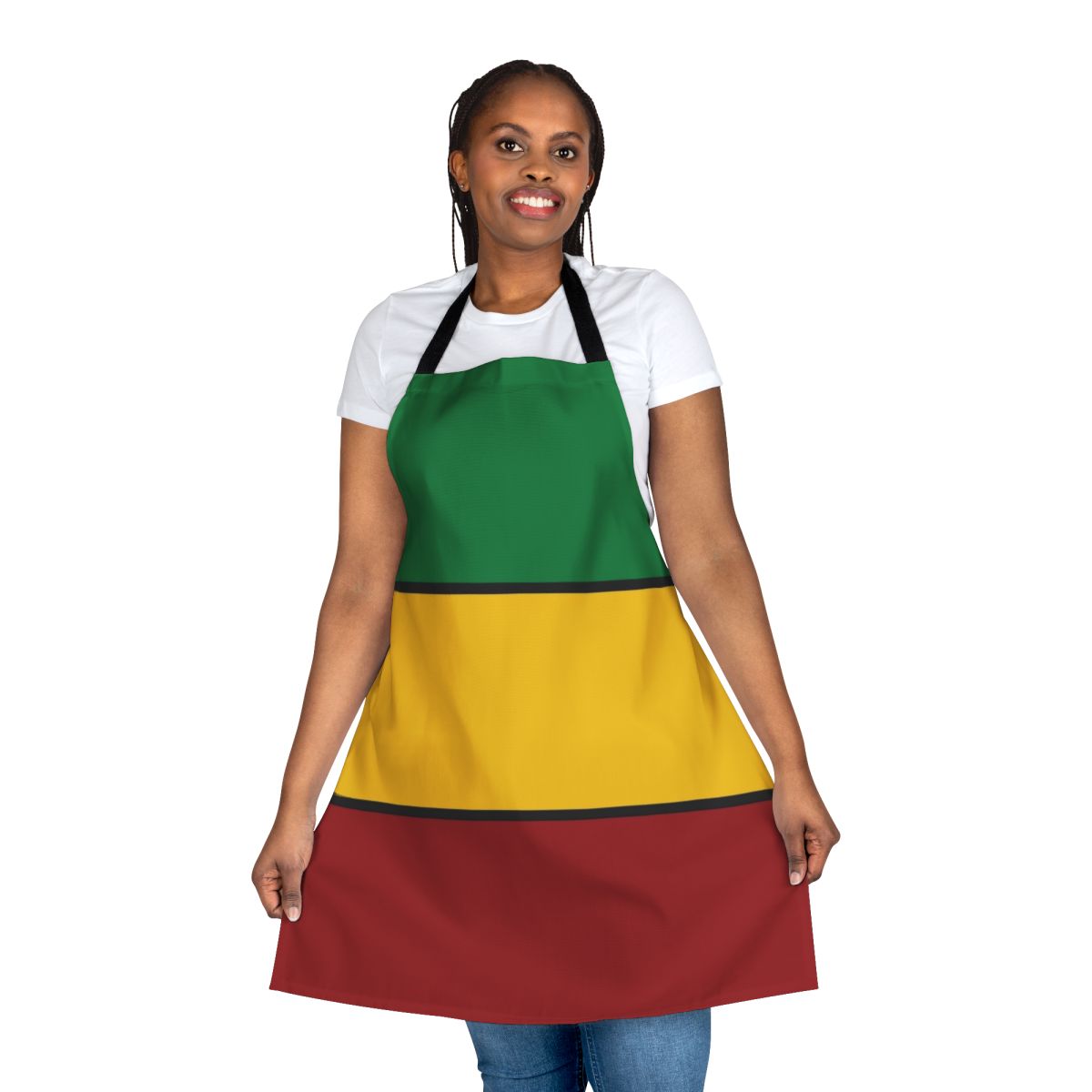 Rasta stripes apron featuring bold red, green, and gold colors