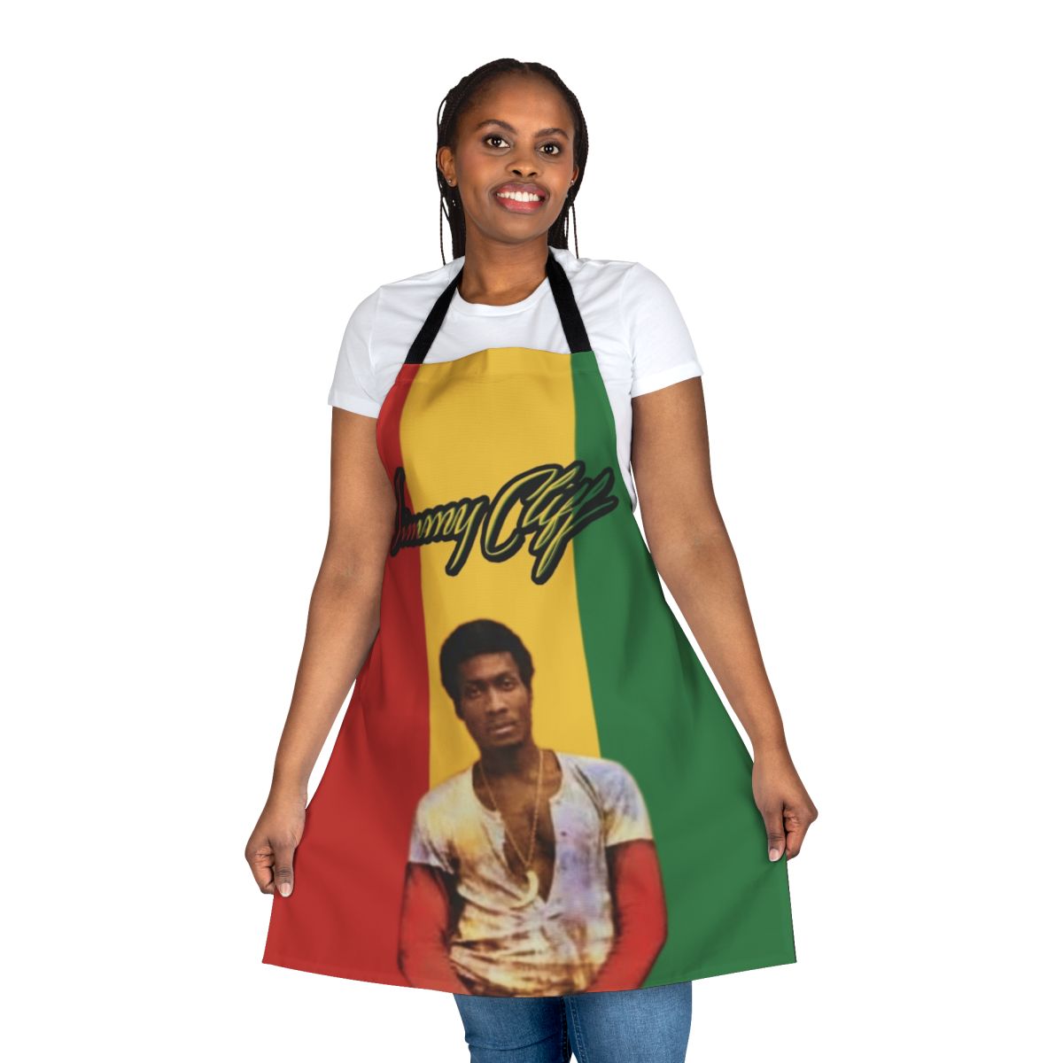 Colorful apron with reggae artist Jimmy Cliff and Jamaican imagery