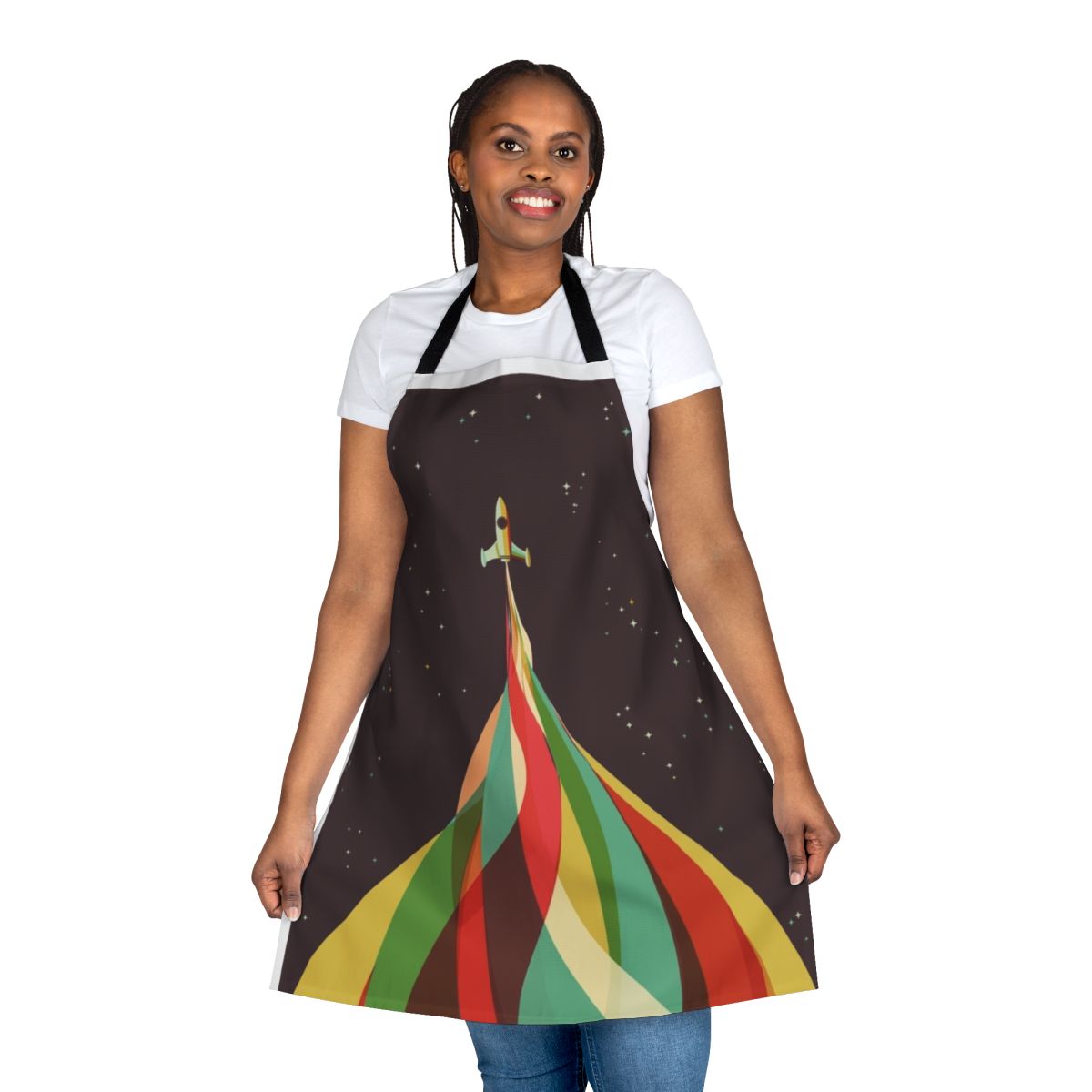 Kaleidoscopic apron featuring a retro rocket design against a starry backdrop