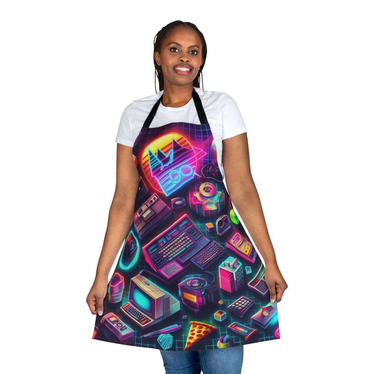 Colorful retro tech pattern apron with neon graphics and a vintage computer design
