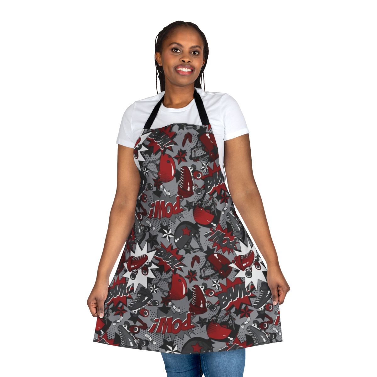 Roller derby inspired apron with vibrant pop art graphics and cartoon imagery