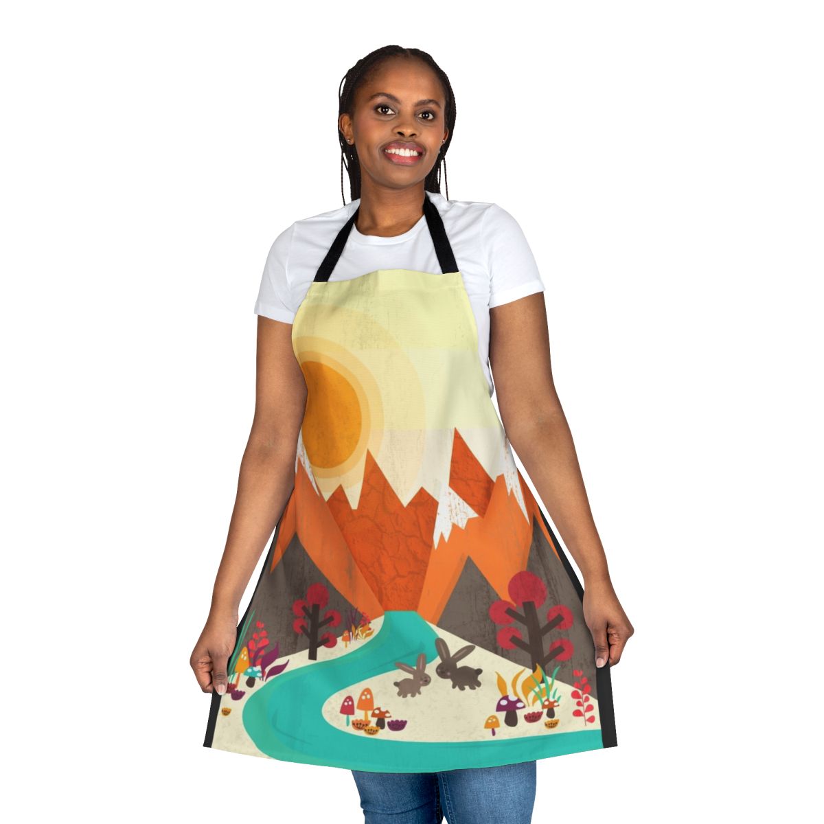 Colorful apron featuring a landscape scene with flowers, trees, and a rabbit.