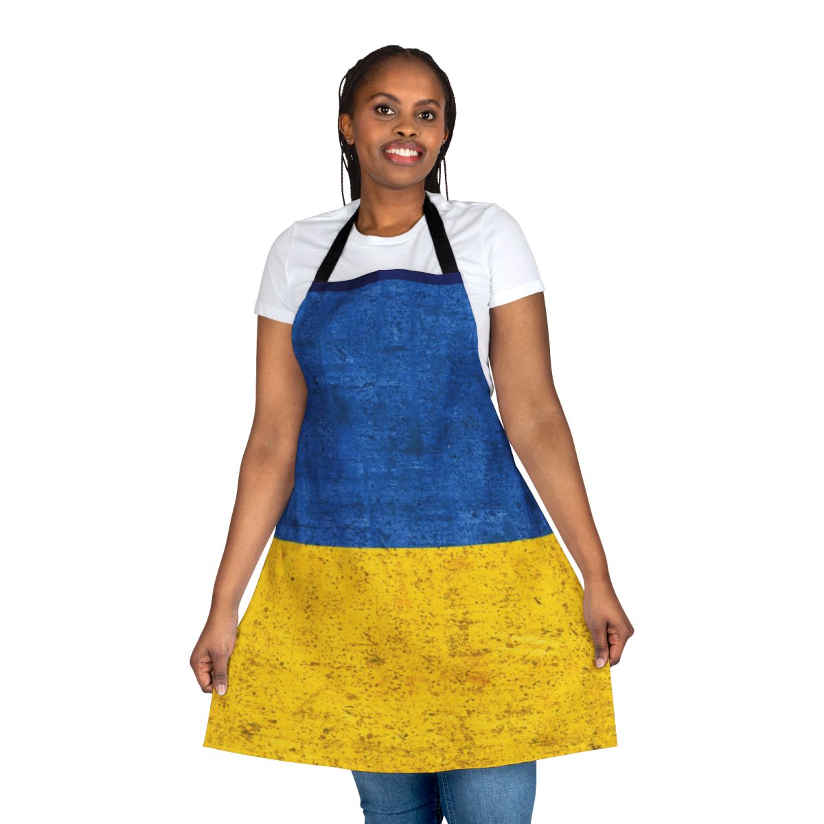 Apron featuring the blue and yellow flag of Ukraine, a symbol of Ukrainian patriotism and solidarity.