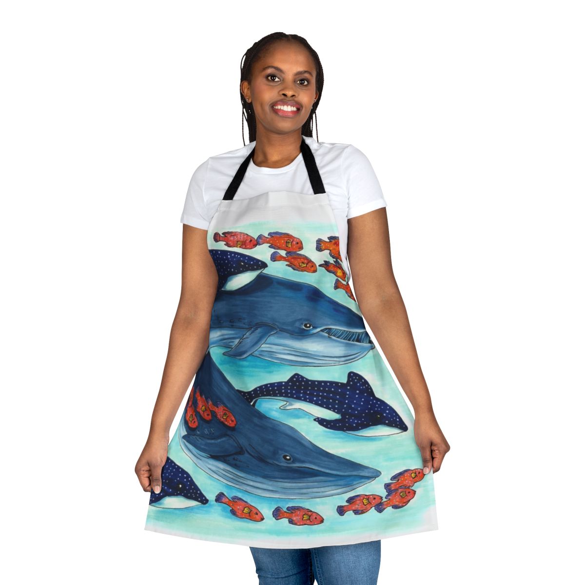 Colorful apron featuring illustrations of a blue whale, whale shark, and other marine animals swimming in the ocean