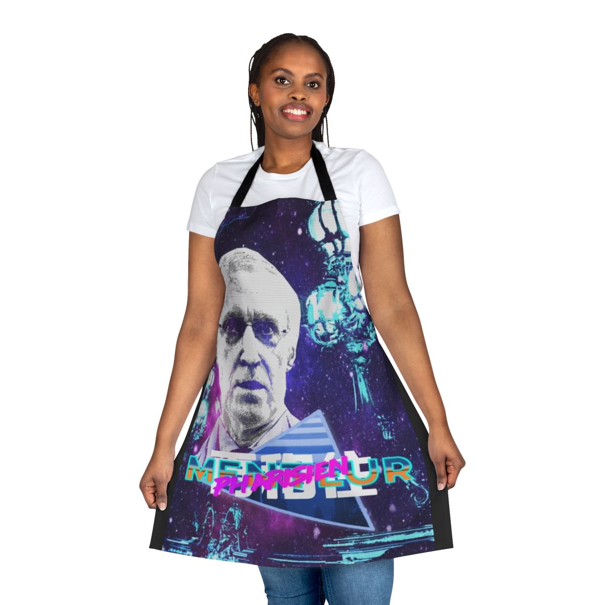 Vaporwave-style apron featuring the design of artist Henry de Lesquen