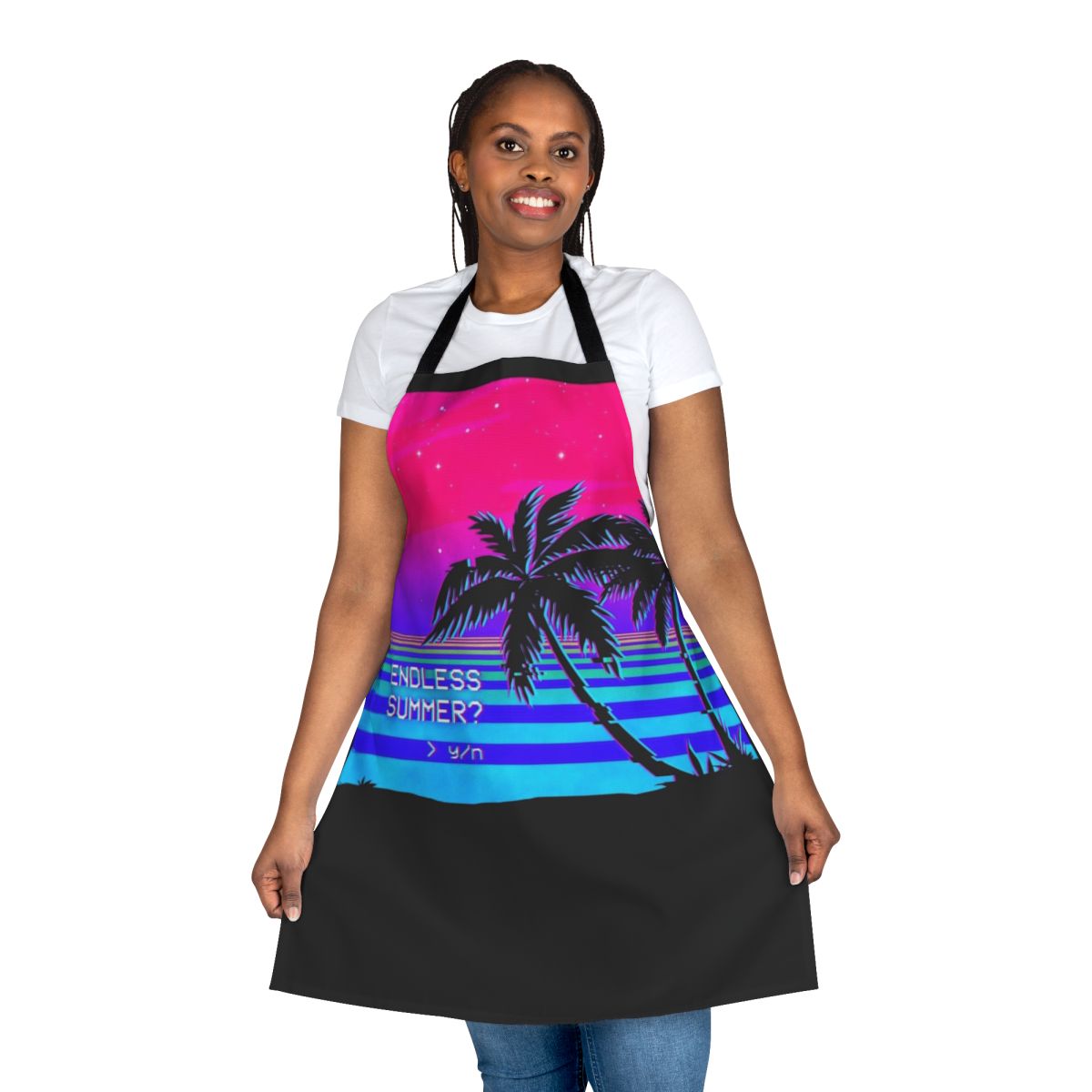 Vaporwave-inspired apron with vibrant 80s and 90s aesthetic, featuring palm trees and glitch effects.