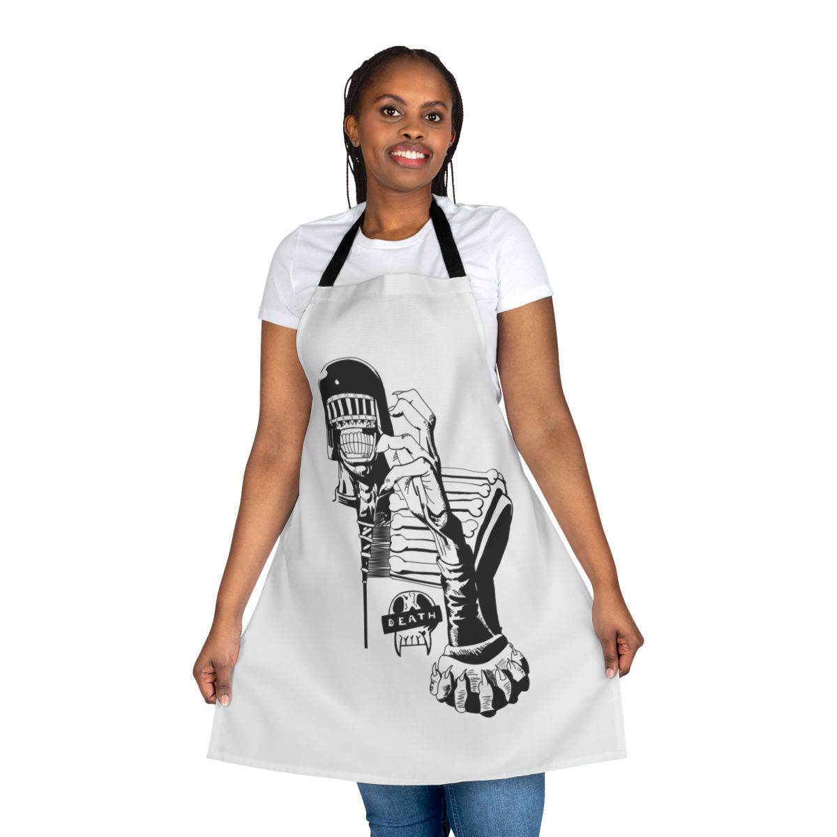 A monochrome apron featuring the iconic Judge Death character from the 2000AD comic series.
