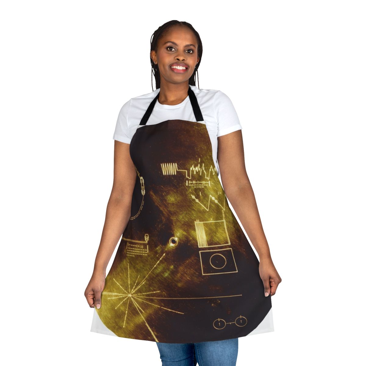 Voyager Golden Record-inspired apron featuring planets, stars, and symbols of interstellar communication