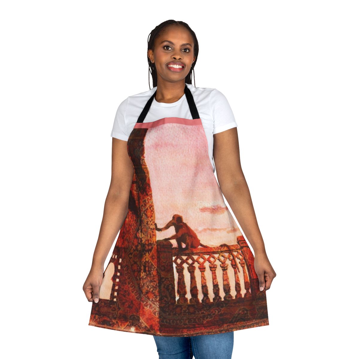 Watercolor apron featuring a design of macaques, or macacos, in a legendary animal style.