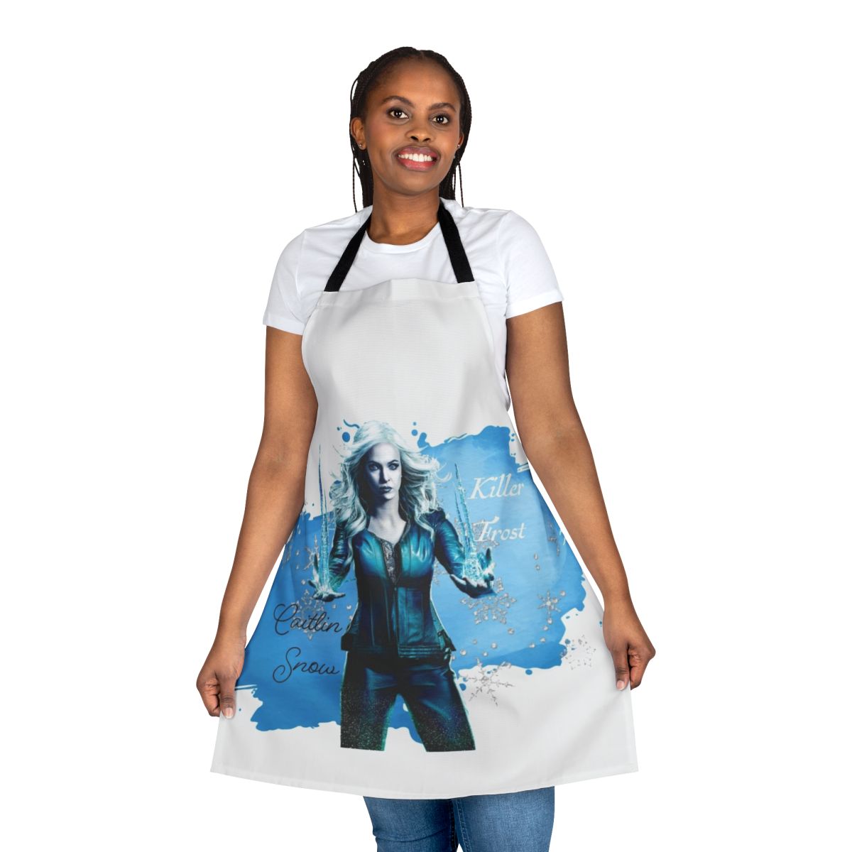 Watercolor-style apron featuring the DC Comics villain Killer Frost in shades of blue and white