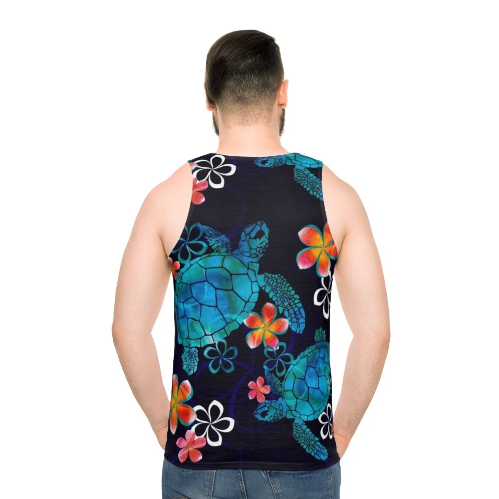 Watercolor sea turtle with tropical flowers on a unisex tank top
