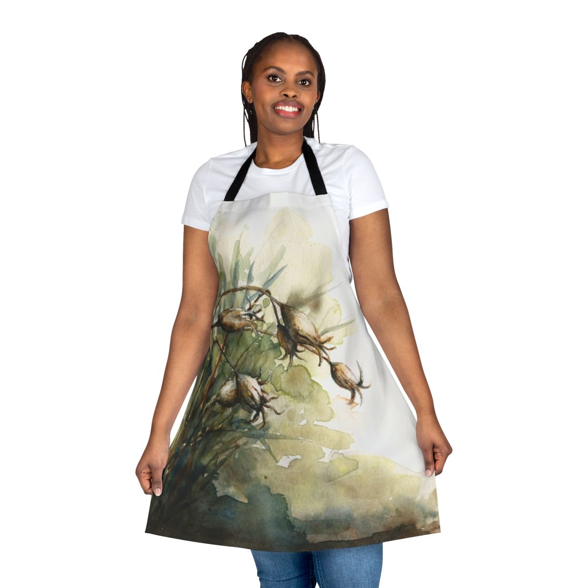 A watercolor illustration of summer seedpods and seed heads on a nature-inspired apron.