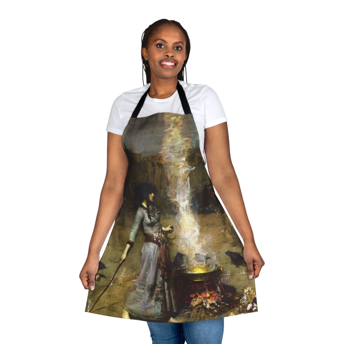 Apron featuring 'The Magic Circle' painting by John William Waterhouse, depicting a witch performing a ritual.
