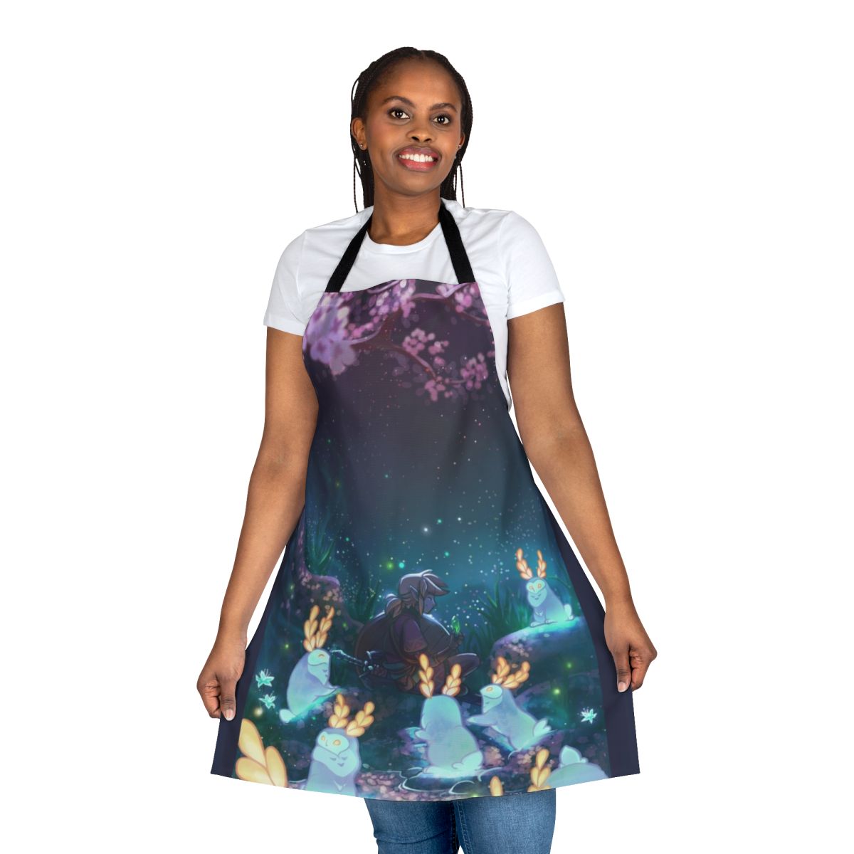 Whimsical apron featuring blupees, the moon, and a blossoming cherry tree