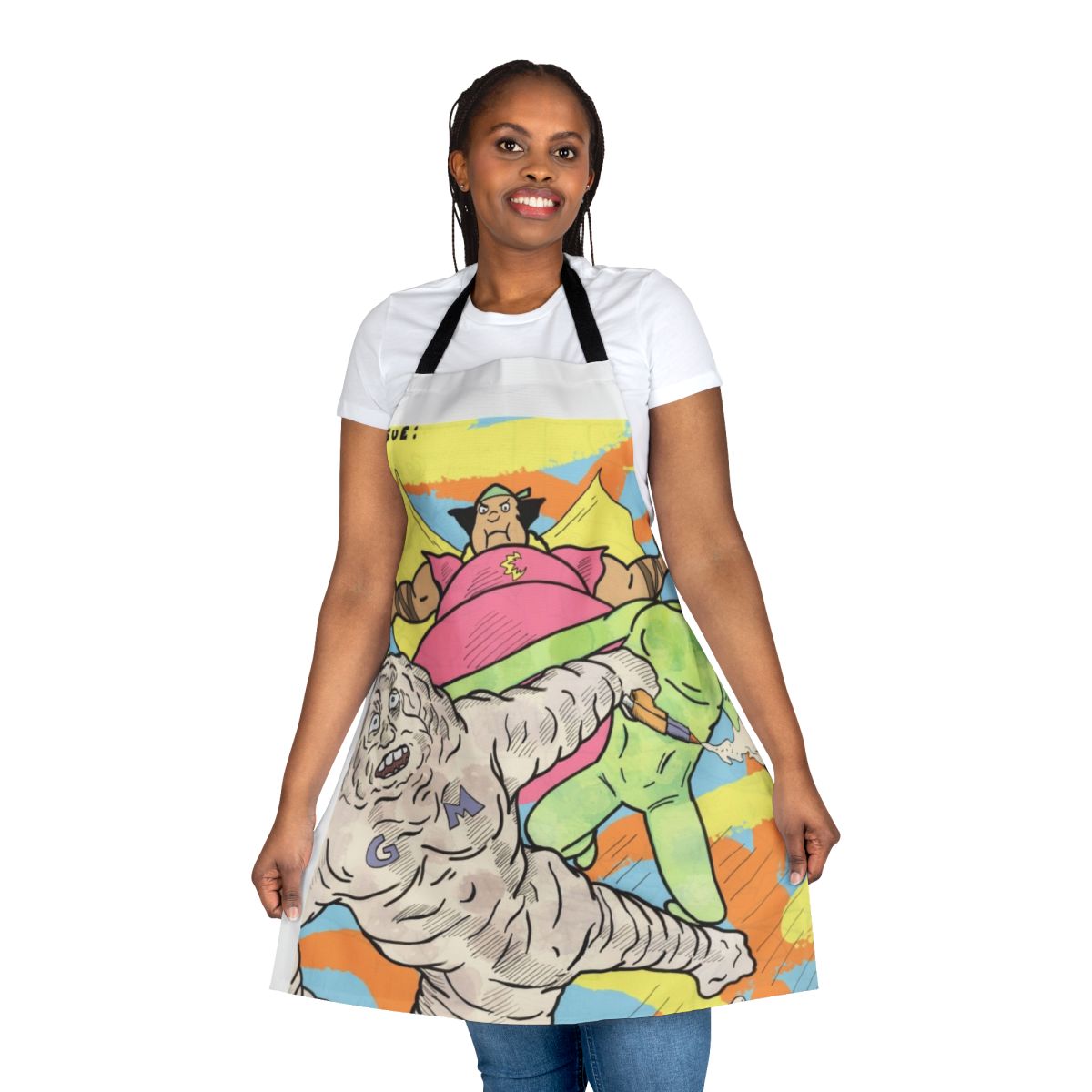 Pastel comic book style apron featuring Cloudman, Glueman, and a moon alien character illustration.