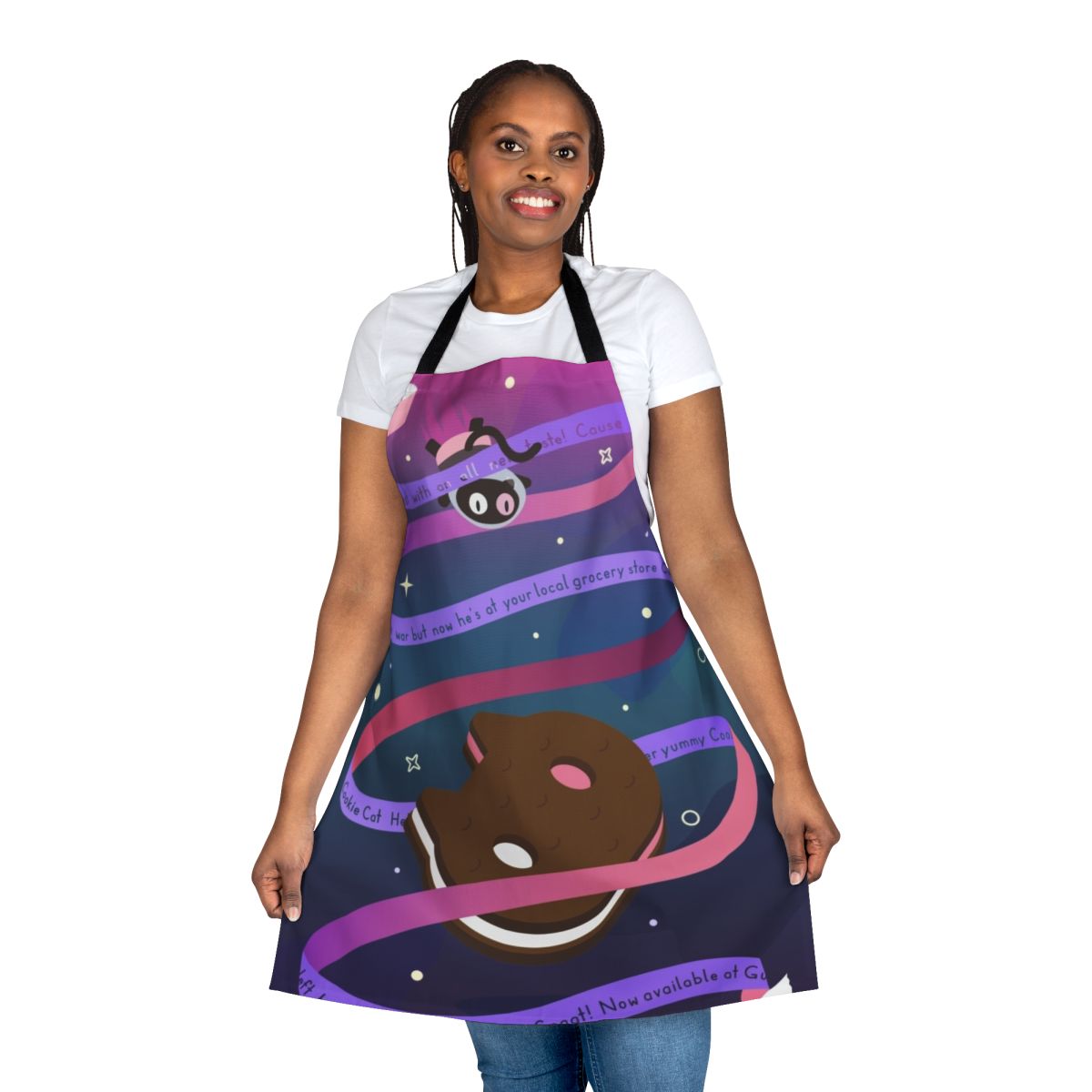 A whimsical apron featuring the character Cookie Cat from the Cartoon Network series Steven Universe.