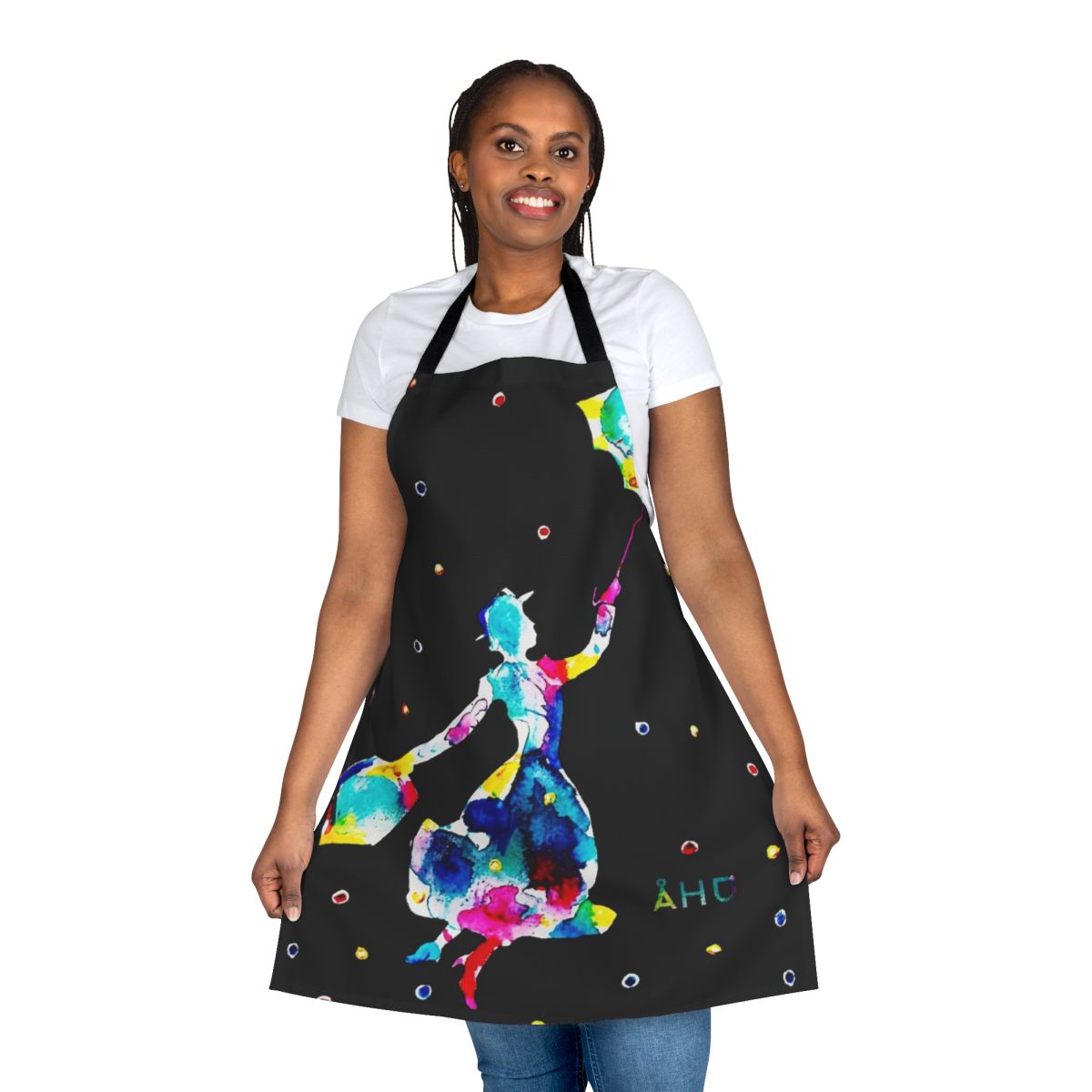 Colorful and whimsical Mary Poppins inspired apron with watercolor art