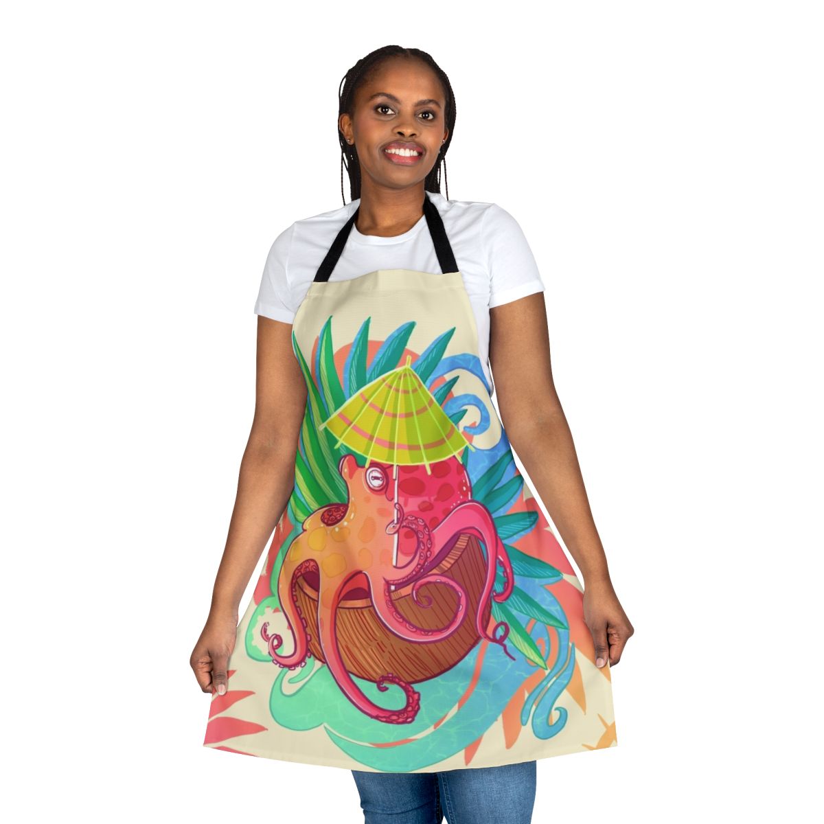 Colorful cartoon octopus design on a high-quality apron, perfect for the beach or summer kitchen.