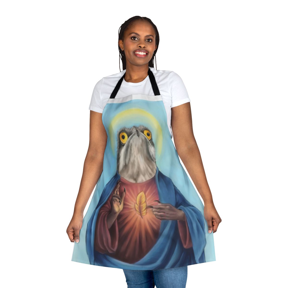 An apron featuring a whimsical illustration of a potoo bird with a Christian meme-inspired design.