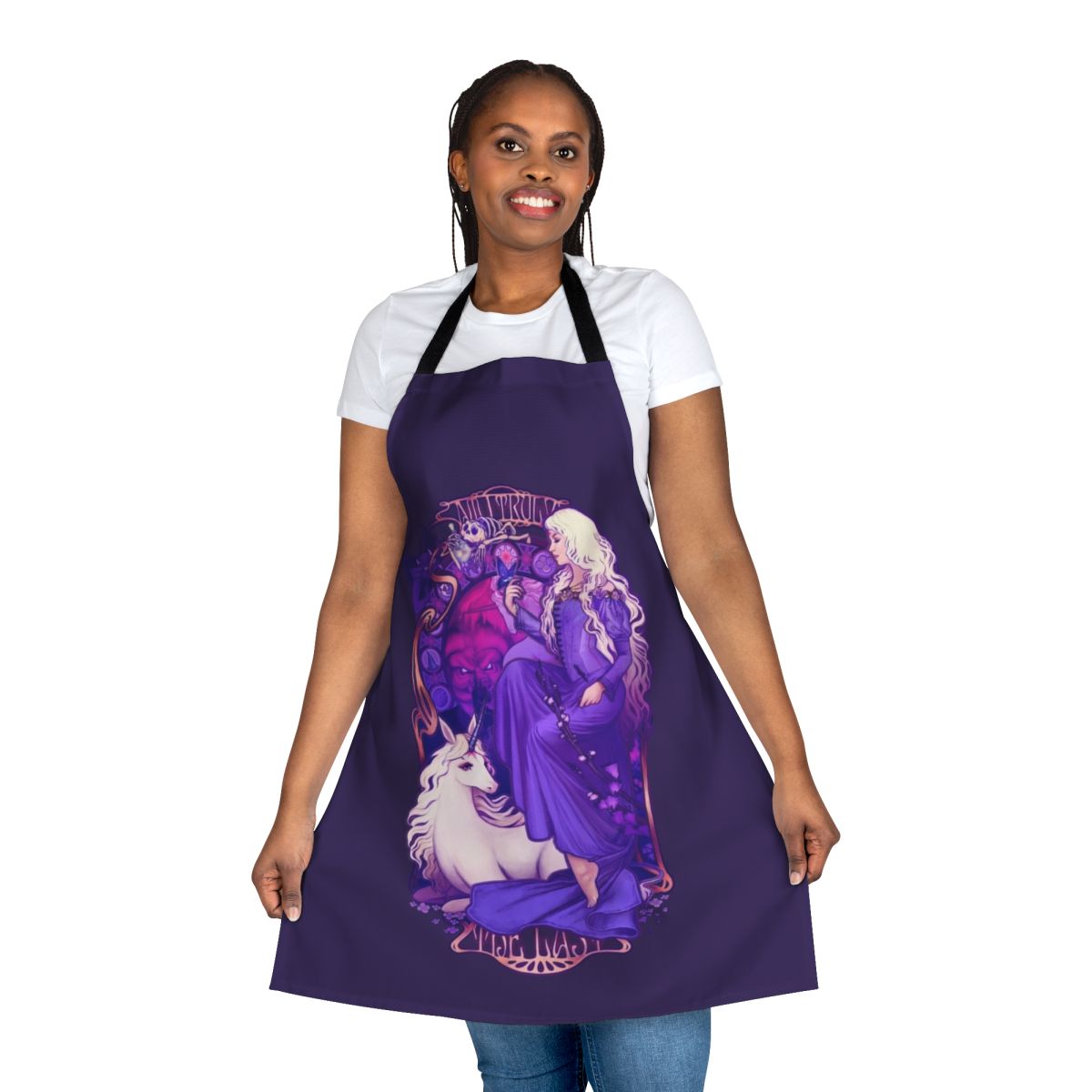 Whimsical unicorn-themed apron with art nouveau-style design and retro, nostalgic elements