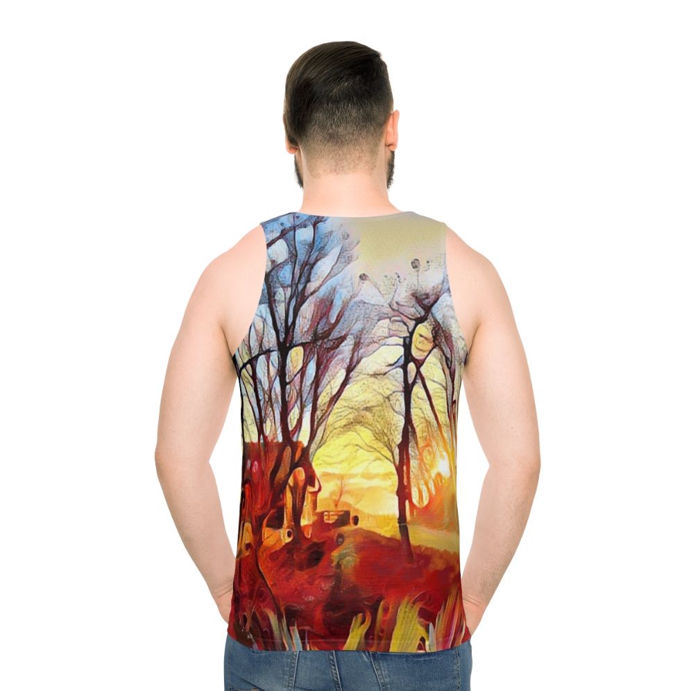 Unisex tank top with a serene mountain landscape and sunrise over trees design